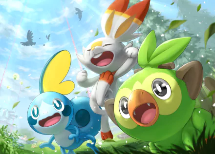 4K Ultra HD anime-style Pokémon wallpaper featuring Grookey, Scorbunny, Sobble, Eldegoss, and Rookidee joyfully set against a bright, outdoor background with flying Corviknight.