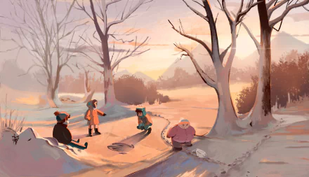 HD desktop wallpaper of South Park characters Eric Cartman, Kenny McCormick, Kyle Broflovski, and Stan Marsh enjoying a snowy winter landscape at sunset.