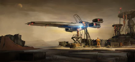 Sci Fi HD PC desktop wallpaper/background: sleek spaceship on a desert landing pad at dusk, engineers and gear under warm lights against a hazy alien horizon.