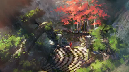 HD PC desktop wallpaper: fantasy ruin — moss-covered stone steps and broken pillars lead to a glowing red tree; a lone cloaked figure overlooks a sunlit, overgrown ravine.