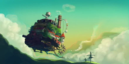 HD wallpaper of Howl's Moving Castle anime, featuring the iconic moving castle floating over a grassy hill with a vibrant sky and scattered clouds in the background.