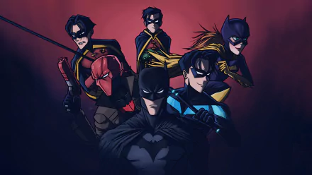 5K Ultra HD PC wallpaper of Batman (center) surrounded by the Robin family and allies — Dick Grayson/Nightwing, Tim Drake, Damian Wayne, Jason Todd/Red Hood, Barbara Gordon, Catwoman. DC Comics.