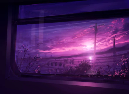 An anime landscape viewed through a window during sunset, featuring power lines and a serene, purple-hued sky. This HD desktop wallpaper and background captures a tranquil scenery.