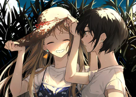 HD anime desktop wallpaper of a smiling anime couple, with the girl holding a hat and the boy gently touching it amid tall grass in a bright, warm setting.