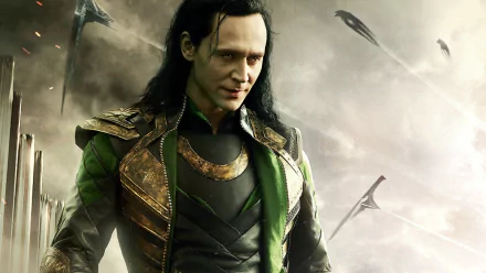 HD wallpaper of Loki, portrayed by Tom Hiddleston, from Thor: The Dark World, with a dynamic battlefield background.