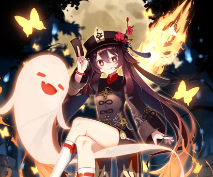 Hu Tao from the video game Genshin Impact as an HD PC desktop wallpaper and background: cheerful pose with ghost companion, fiery butterflies and a glowing night forest backdrop.