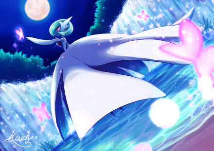 A vibrant 4K Ultra HD anime-style desktop wallpaper featuring Gardevoir from Pokémon, set against a glowing waterfall and moonlit night with sparkling pink butterflies.