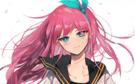 HD PC desktop wallpaper featuring Aubrey from the video game OMORI, smiling with long pink hair and striking blue eyes.