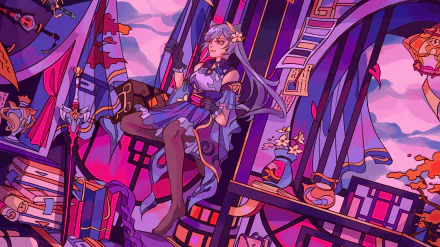 HD PC desktop wallpaper featuring Keqing from the video game Genshin Impact in a vibrant, stylized scene with purple and pink hues.