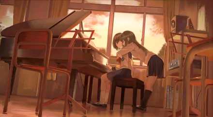 Two anime girls in school uniforms share a tender moment while playing piano together at sunset in a classroom, creating a serene and intimate HD desktop wallpaper and background.