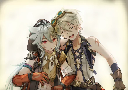 HD desktop wallpaper featuring Razor with grey hair and red eyes, and Bennett wearing goggles, from the video game Genshin Impact. Razor stands stoically while Bennett smiles with an arm around Razor.