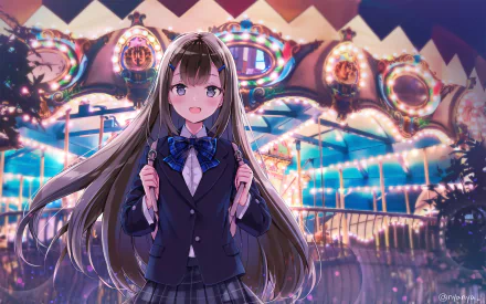 Anime girl with long brown hair and purple eyes in a school uniform and skirt stands at night in front of a glowing carousel, captured in vivid HD for a desktop wallpaper.