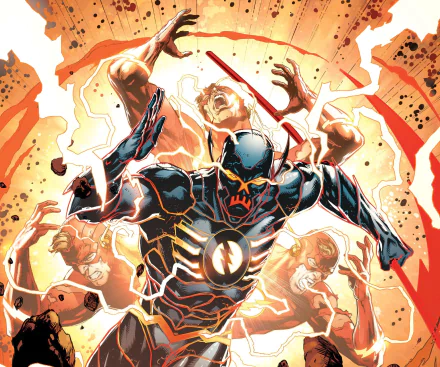 HD PC desktop wallpaper of Black Racer (DC Comics): armored, lightning-wreathed speedster bearing the Flash emblem, surging through orange explosions with blurred Flash figures, comic art.