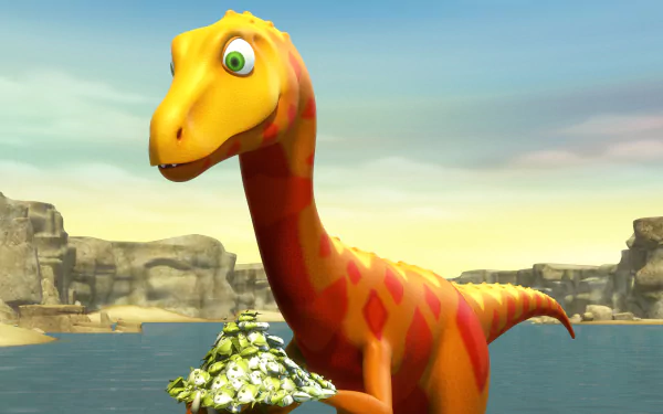 HD desktop wallpaper from Dinosaur Train, featuring a cheerful animated dinosaur in a desert landscape.