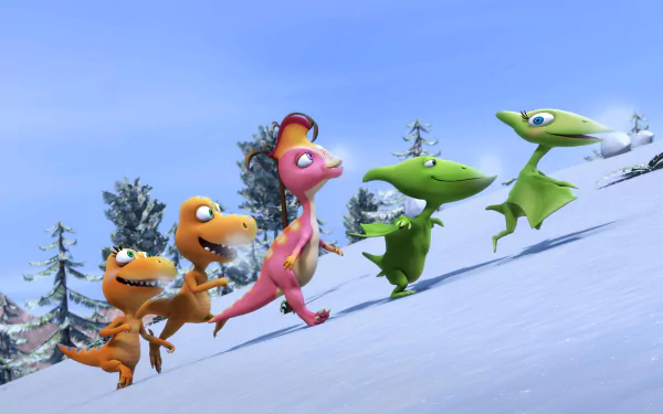 Colorful characters from the TV show Dinosaur Train joyfully run across a snowy landscape, surrounded by trees, in this vibrant HD desktop wallpaper.