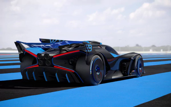 A sleek Bugatti Bolide is showcased on a striking blue and black striped background, highlighting its aerodynamic design in this stunning HD desktop wallpaper.