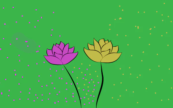 An artistic 8K Ultra HD PC desktop wallpaper featuring two stylized flowers, one pink and one yellow, on green background with scattered colorful dots.