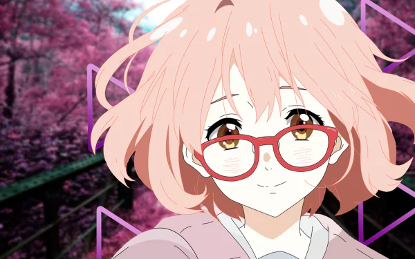 Anime character Mirai Kuriyama from 'Kyoukai no Kanata' (Beyond the Boundary) with pink hair and glasses, featured in an HD desktop wallpaper with a scenic background of cherry blossoms.