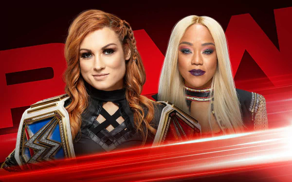 HD WWE wallpaper featuring Becky Lynch with title belt and Alicia Fox against a dynamic RAW-themed backdrop.