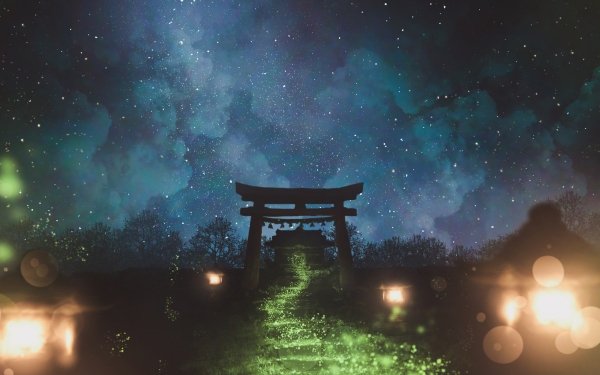 Anime Temple Sky Night Torii HD Wallpaper | Background Image
