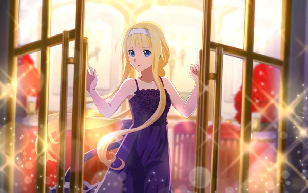 HD PC desktop wallpaper featuring Alice Zuberg from Sword Art Online: Alicization Rising Steel, depicted as a blonde anime character in a glowing, colorful scene.