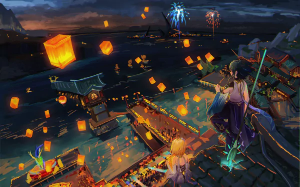 HD desktop wallpaper of Genshin Impact's Lantern Rite festival, featuring characters Xiao and Lumine overlooking a vibrant night scene filled with lanterns and fireworks.