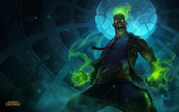 HD desktop wallpaper featuring Brand from League of Legends, depicting him with glowing green hands and an intense expression, set against a dark, mystical background with eerie, luminous elements.
