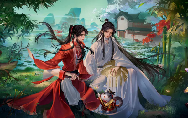 HD PC desktop wallpaper featuring Xie Lian and Hua Cheng from the anime Tian Guan Ci Fu, set in a vibrant, lush landscape with traditional architecture.