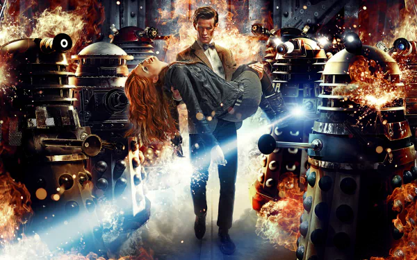 A dramatic HD wallpaper featuring Doctor Who amidst an explosion, carrying a woman, surrounded by Daleks with fire and chaos all around.