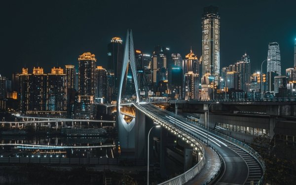 Man Made Chongqing Cities China City Bridge Night Building Skyscraper HD Wallpaper | Background Image