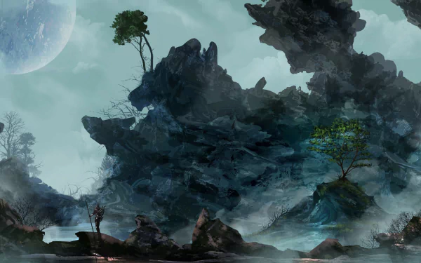 4K Ultra HD PC desktop wallpaper and background — fantasy scene: a lone knight on a misty rocky outcrop beneath a pale moon, with twisted trees and jagged cliffs.