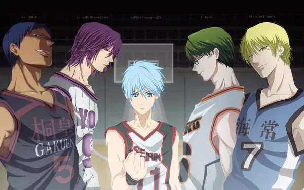 HD PC anime desktop wallpaper of Kuroko's Basketball: Kuroko Tetsuya centered, flanked by rivals Aomine, Murasakibara, Midorima and Kise on a dim basketball court.