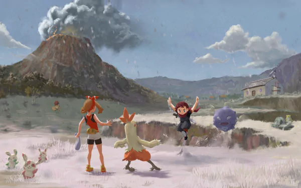 4K Ultra HD PC wallpaper featuring May with her Combusken, a Koffing, and a volcanic landscape from the Pokémon video game series.