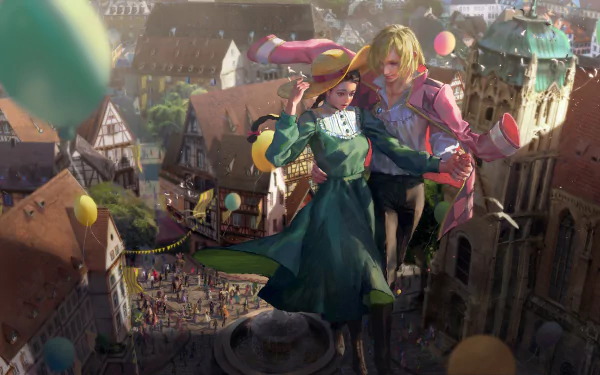 HD anime desktop wallpaper featuring Sophie Hatter and Howl Jenkins Pendragon from Howl's Moving Castle, soaring above a vibrant village scene with colorful balloons.