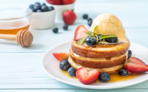 breakfast honey strawberry blueberry berry food pancake HD Desktop Wallpaper | Background Image