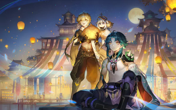 HD Genshin Impact desktop wallpaper: Xiao seated in foreground with Aether and Paimon behind, Lantern Rite lanterns rising over a moonlit festival and ornate temple.