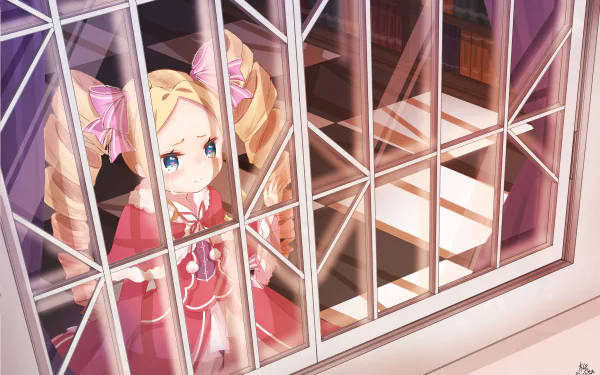 Beatrice (Re:ZERO) peers through a lattice window in soft light — 4K Ultra HD PC anime desktop wallpaper from Re:Zero - Starting Life in Another World.