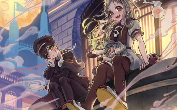 HD anime wallpaper featuring Yashiro Nene and Hanako-kun from Toilet-bound Hanako-kun, set against a vibrant cityscape at sunset.