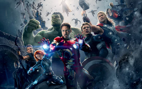 HD desktop wallpaper featuring the Avengers from Avengers: Age of Ultron with Iron Man, Thor, Hulk, and others posing dynamically.