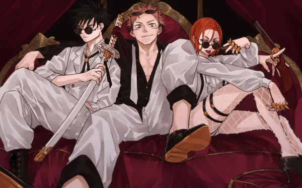 HD anime wallpaper featuring Nobara Kugisaki, Yuji Itadori, and Megumi Fushiguro from Jujutsu Kaisen, posed confidently with weapons.