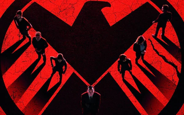 A dynamic 4K Ultra HD wallpaper featuring characters from Marvel's Agents of S.H.I.E.L.D. against a striking red background and the S.H.I.E.L.D. emblem.