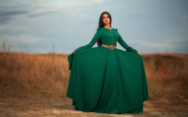 black hair depth of field green dress woman model HD Desktop Wallpaper | Background Image