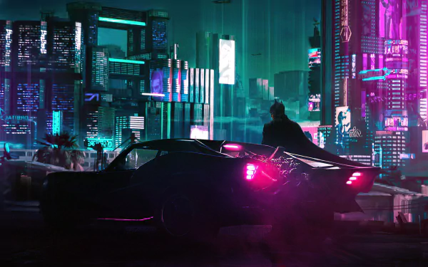 HD PC desktop wallpaper/background: neon-drenched Gotham from The Batman movie, silhouetted Batman leaning on a car overlooking a futuristic skyline in teal and magenta.