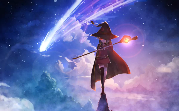 HD desktop wallpaper featuring Megumin from KonoSuba - God’s blessing on this wonderful world!!. She stands on a rock at night, casting a spell with a glowing staff under a sky lit by a shooting star.
