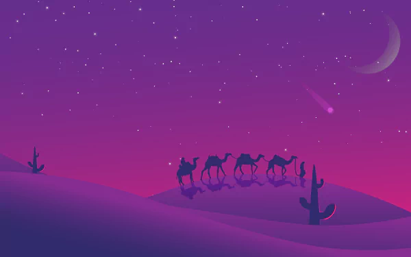 8K Ultra HD PC desktop wallpaper showing a camel caravan crossing sand dunes under a starry purple night sky with a crescent moon and shooting star.
