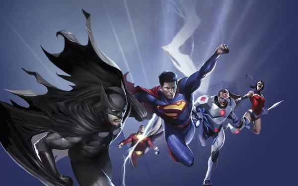 4K Ultra HD Justice League: War wallpaper featuring Victor Stone (Cyborg), Diana Prince (Wonder Woman), Billy Batson (Shazam), Batman, and Superman in action.