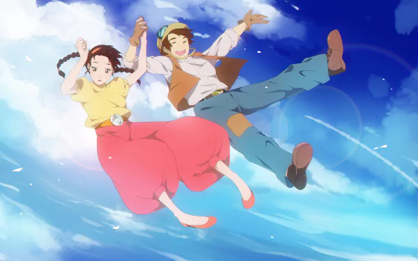 Sheeta and Pazu from Studio Ghibli's Laputa: Castle in the Sky soar hand-in-hand over sunlit clouds; 5K Ultra HD PC desktop wallpaper/background.