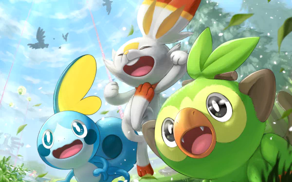 Eldegoss (Pokémon) Rookidee (Pokémon) Grookey (Pokémon) Scorbunny (Pokémon) Corviknight (Pokémon) Anime Pokemon HD Desktop Wallpaper | Background Image