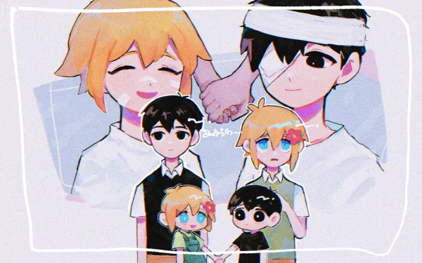 chibi eye patch black eyes blue eyes black hair blonde OMORI Sunny (Omori) Basil (Omori) video game HD Desktop Wallpaper | Background Image