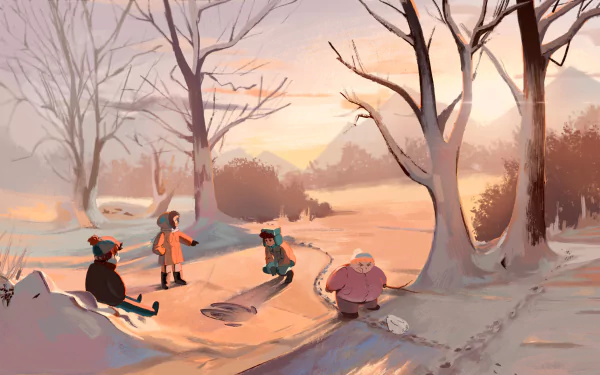 HD desktop wallpaper of South Park characters Eric Cartman, Kenny McCormick, Kyle Broflovski, and Stan Marsh enjoying a snowy winter landscape at sunset.